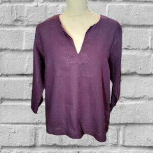 NWOT Gloria Vanderbilt Purple Elegant 3/4 Sleeve V-Neck Linen Top Size L